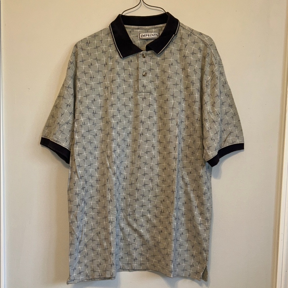 Imprints Brand Men’s Polo Shirt. Geometric Print. Navy Collar.